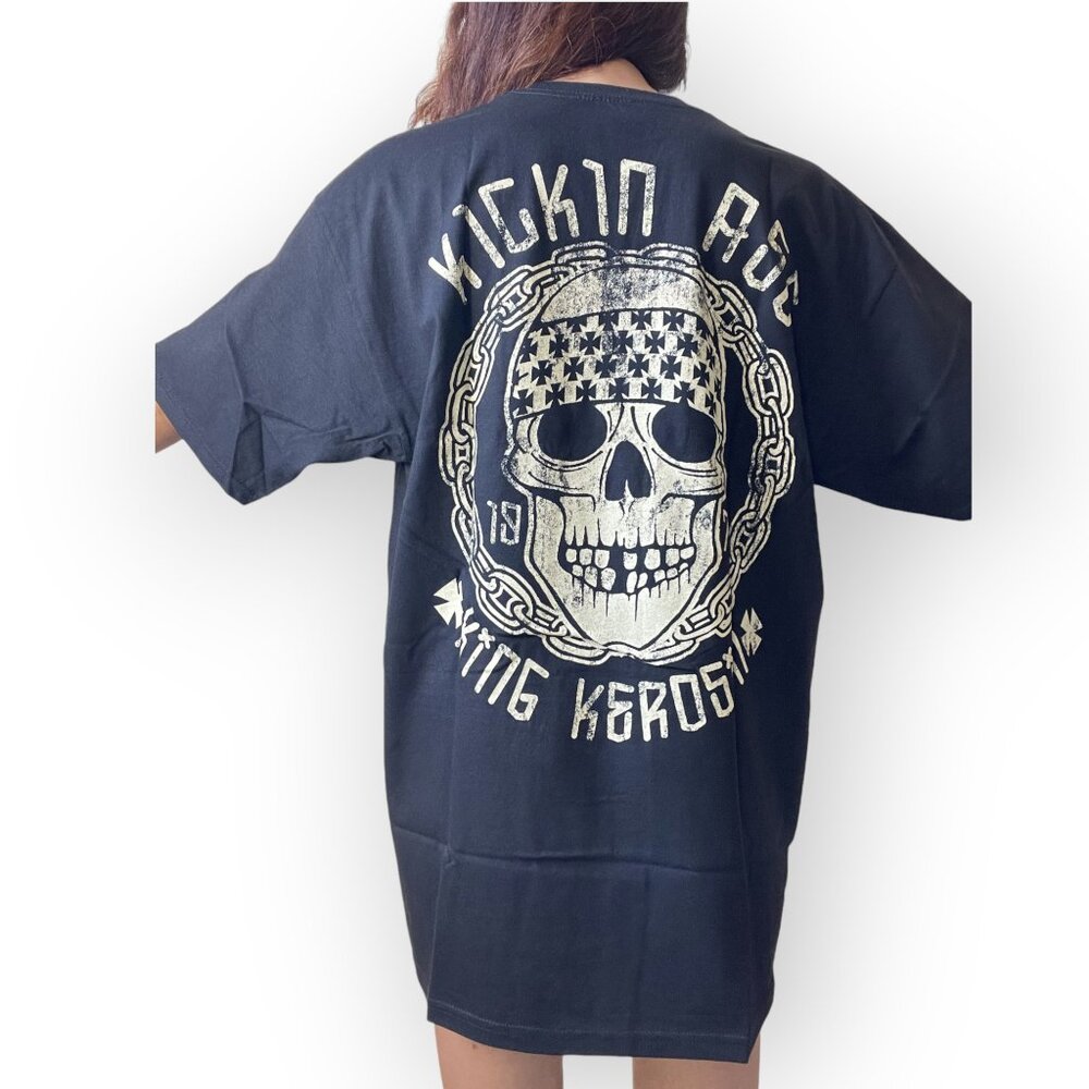 Men's Kicking Ass Biker Skull graphic print Black Tee - X-Large